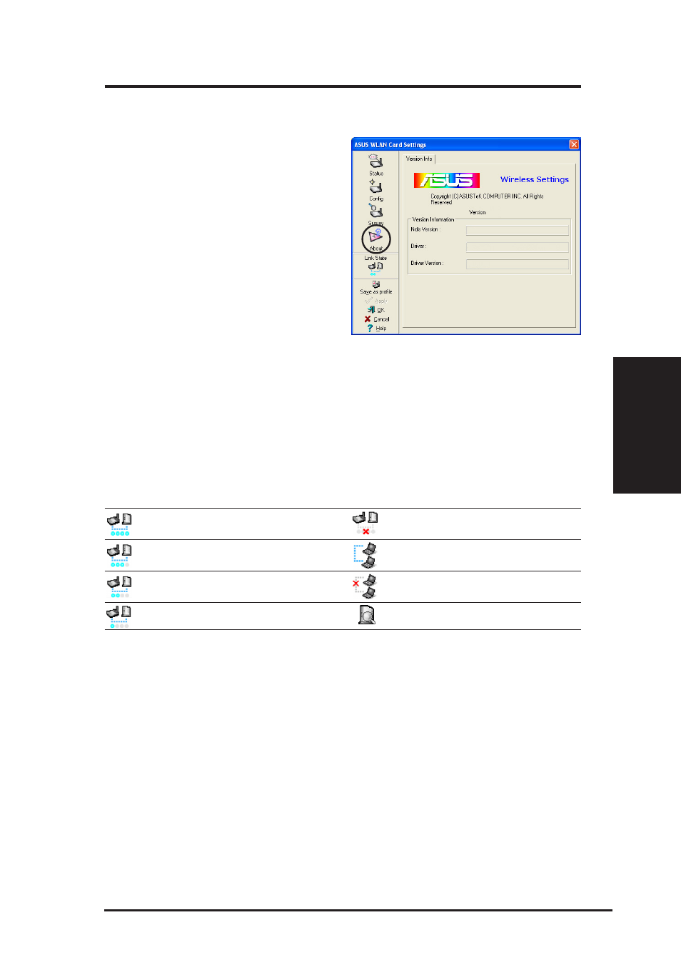 Link state, About wireless settings, Chapter 3 - reference | Table of icon indications | Asus WL-167g User Manual | Page 29 / 44
