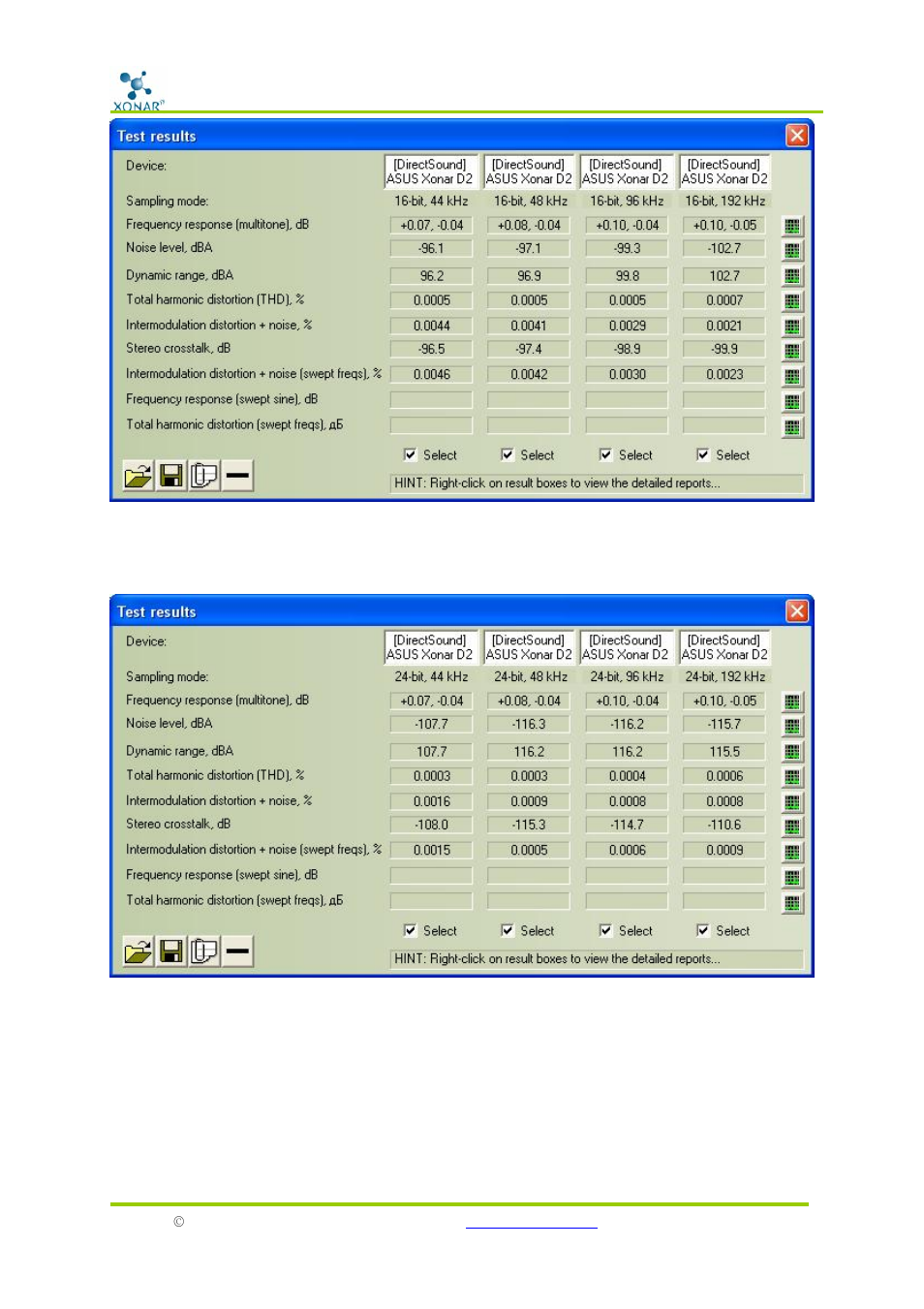 Directsound 24-bit test results, Mme 16-bit test results | Asus D2 User Manual | Page 10 / 17