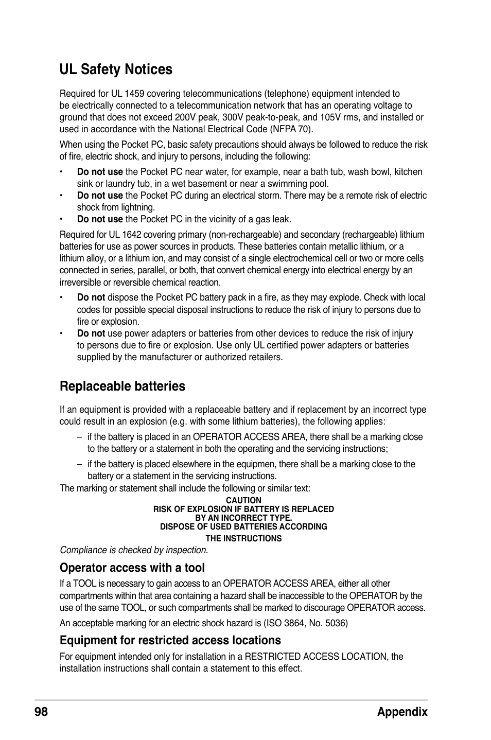 Ul safety notices, Replaceable batteries, 98 appendix | Operator access with a tool, Equipment for restricted access locations | Asus A686 User Manual | Page 104 / 109