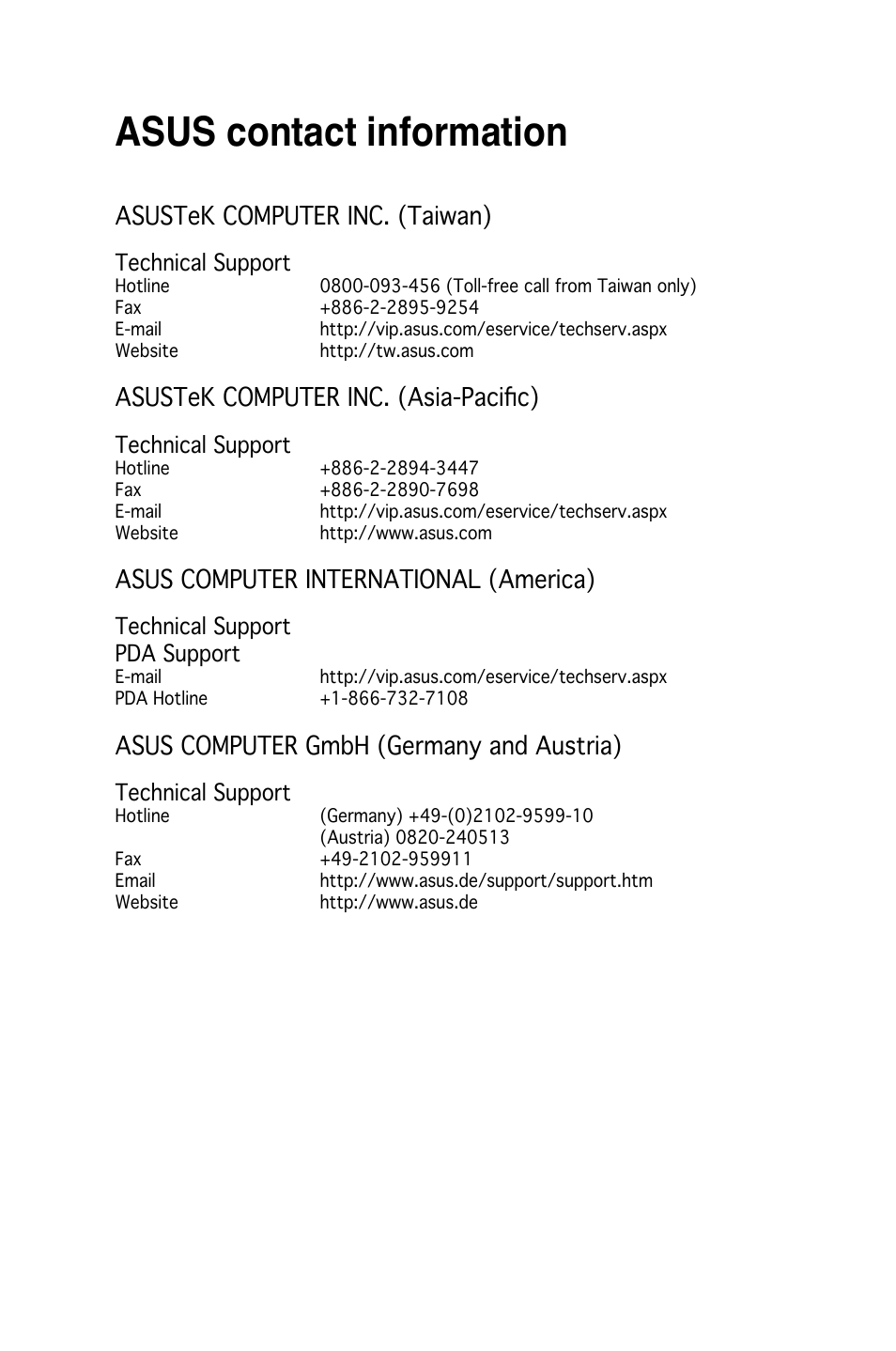 Asus contact information, Asustek computer inc. (taiwan), Asustek computer inc. (asia-pacific) | Asus computer international (america), Asus computer gmbh (germany and austria) | Asus A686 User Manual | Page 108 / 109