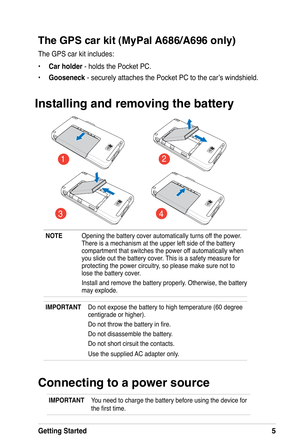 Installing and removing the battery, Connecting to a power source | Asus A686 User Manual | Page 11 / 109