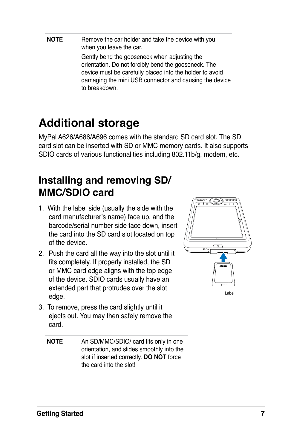 Additional storage, Installing and removing sd/ mmc/sdio card | Asus A686 User Manual | Page 13 / 109