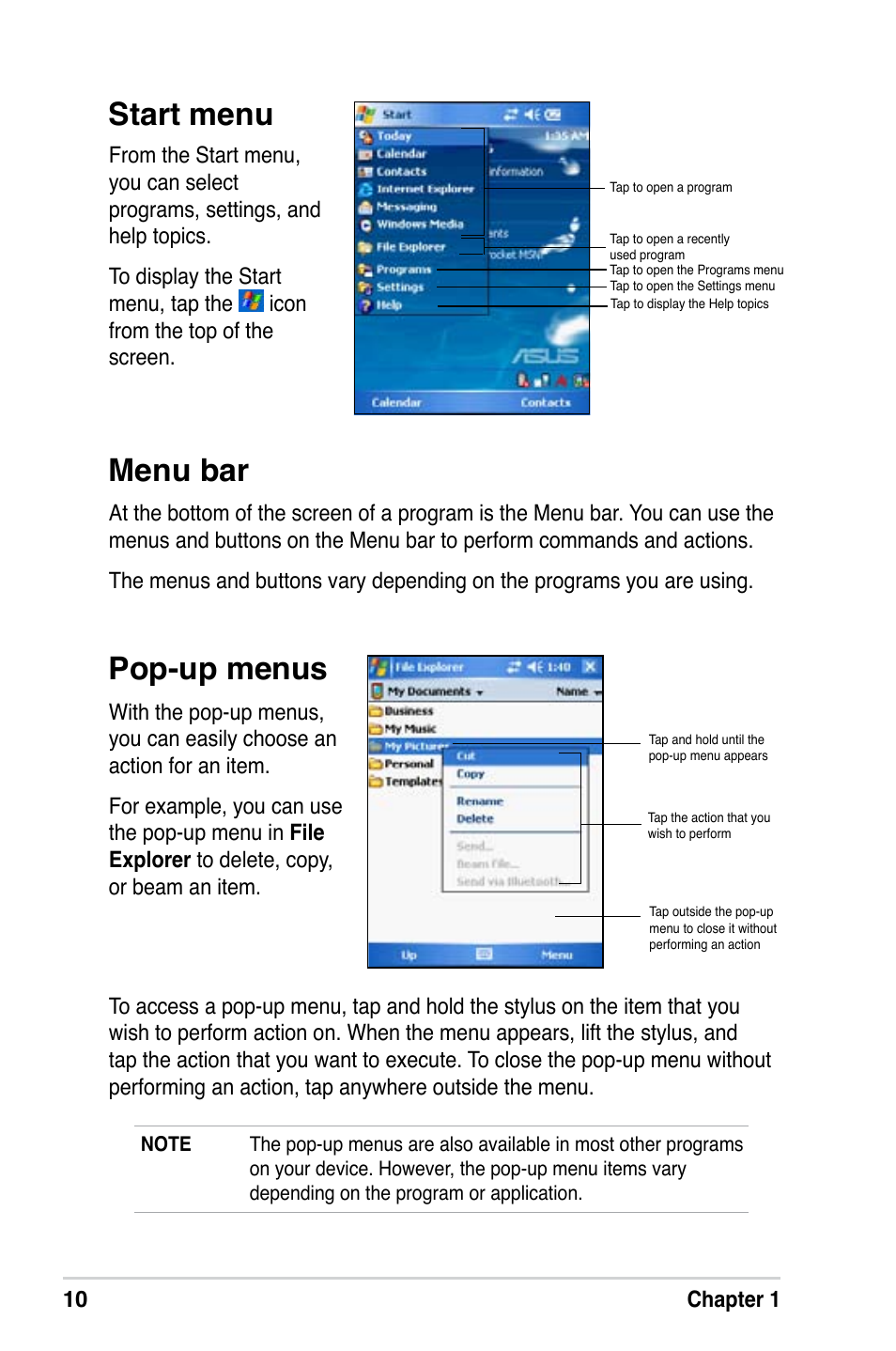 Start menu pop-up menus menu bar | Asus A686 User Manual | Page 16 / 109