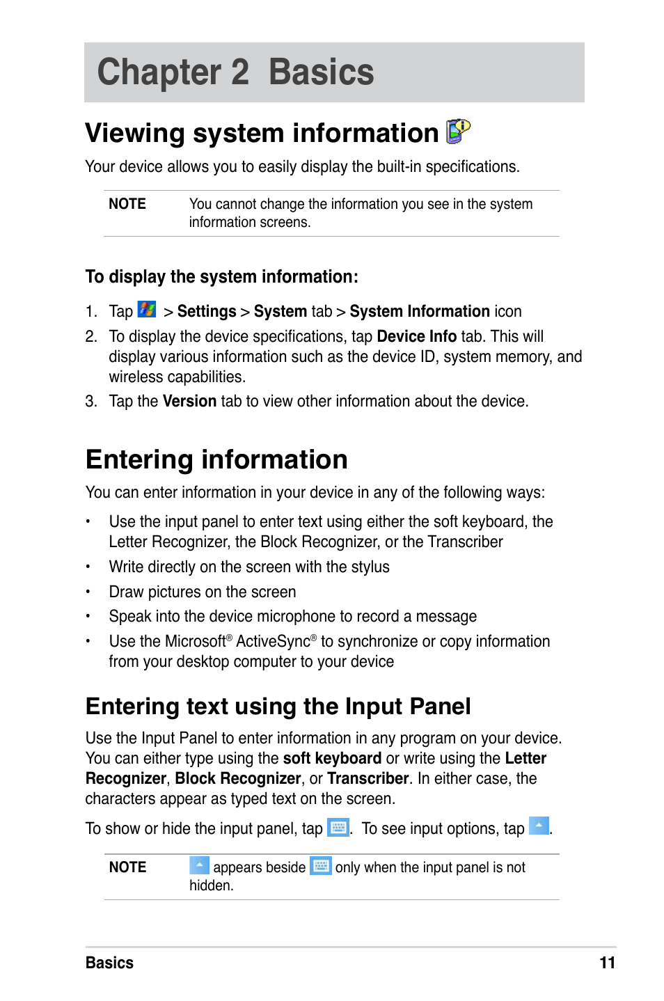Chapter 2 basics, Entering information, Viewing system information | Entering text using the input panel | Asus A686 User Manual | Page 17 / 109