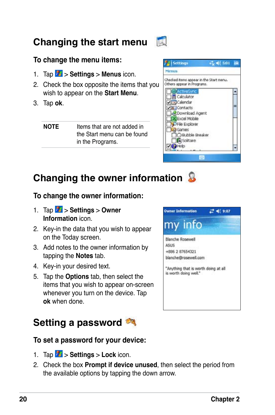 Changing the owner information, Changing the start menu, Setting a password | Asus A686 User Manual | Page 26 / 109