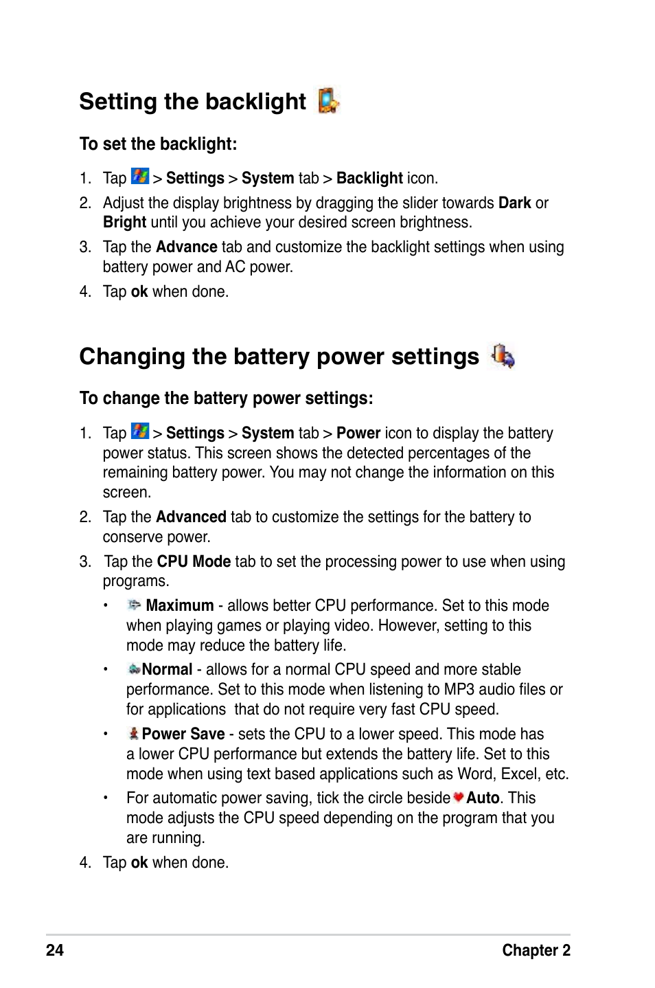 Changing the battery power settings, Setting the backlight | Asus A686 User Manual | Page 30 / 109