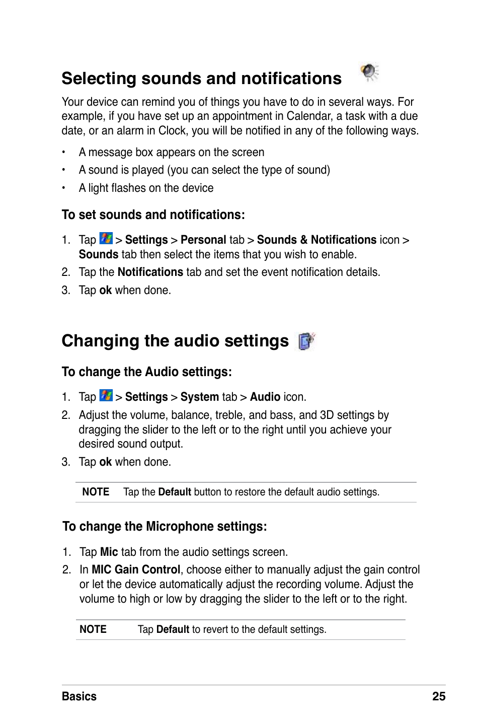 Changing the audio settings, Selecting sounds and notifications | Asus A686 User Manual | Page 31 / 109