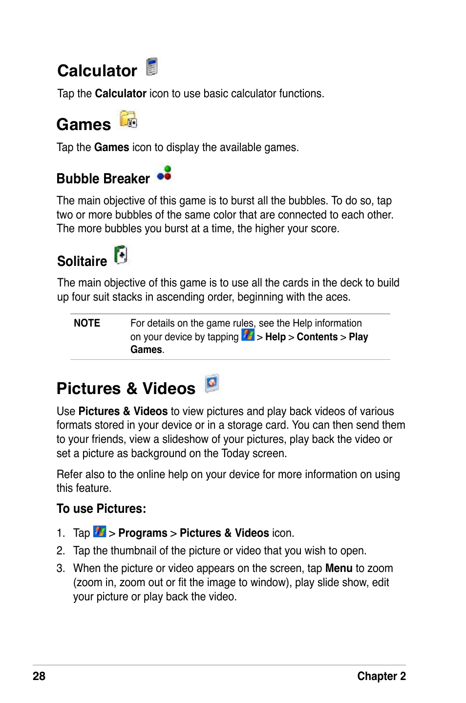 Calculator, Games, Pictures & videos | Asus A686 User Manual | Page 34 / 109