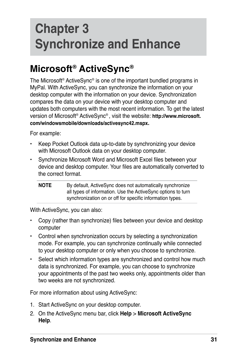 Chapter 3 synchronize and enhance, Microsoft, Activesync | Asus A686 User Manual | Page 37 / 109
