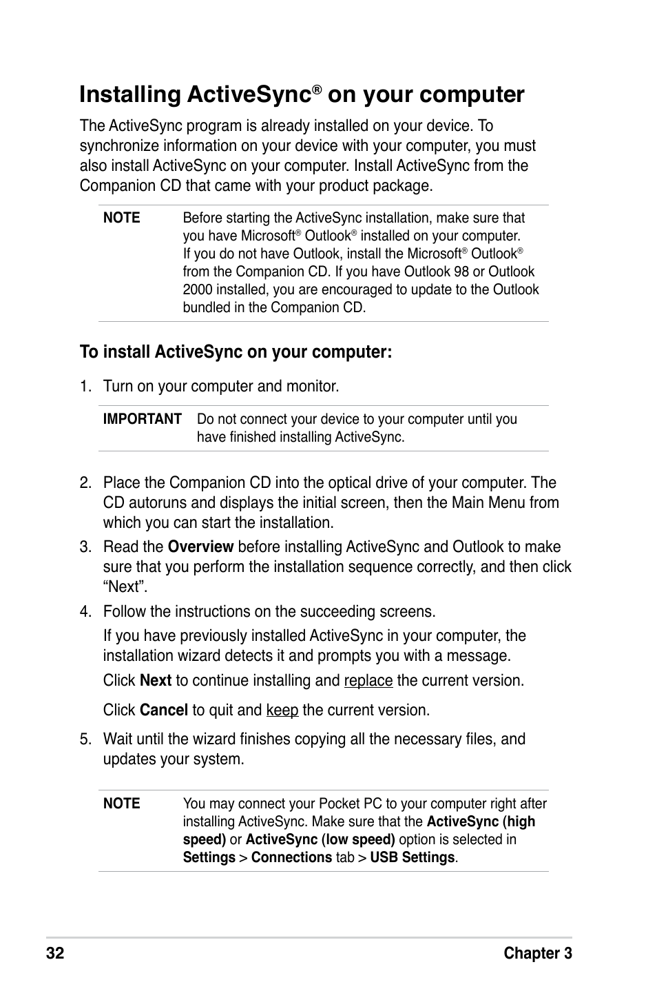Installing activesync, On your computer | Asus A686 User Manual | Page 38 / 109