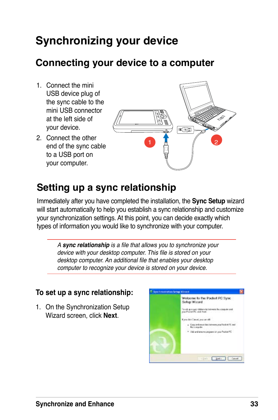Synchronizing your device, Connecting your device to a computer, Setting up a sync relationship | Asus A686 User Manual | Page 39 / 109