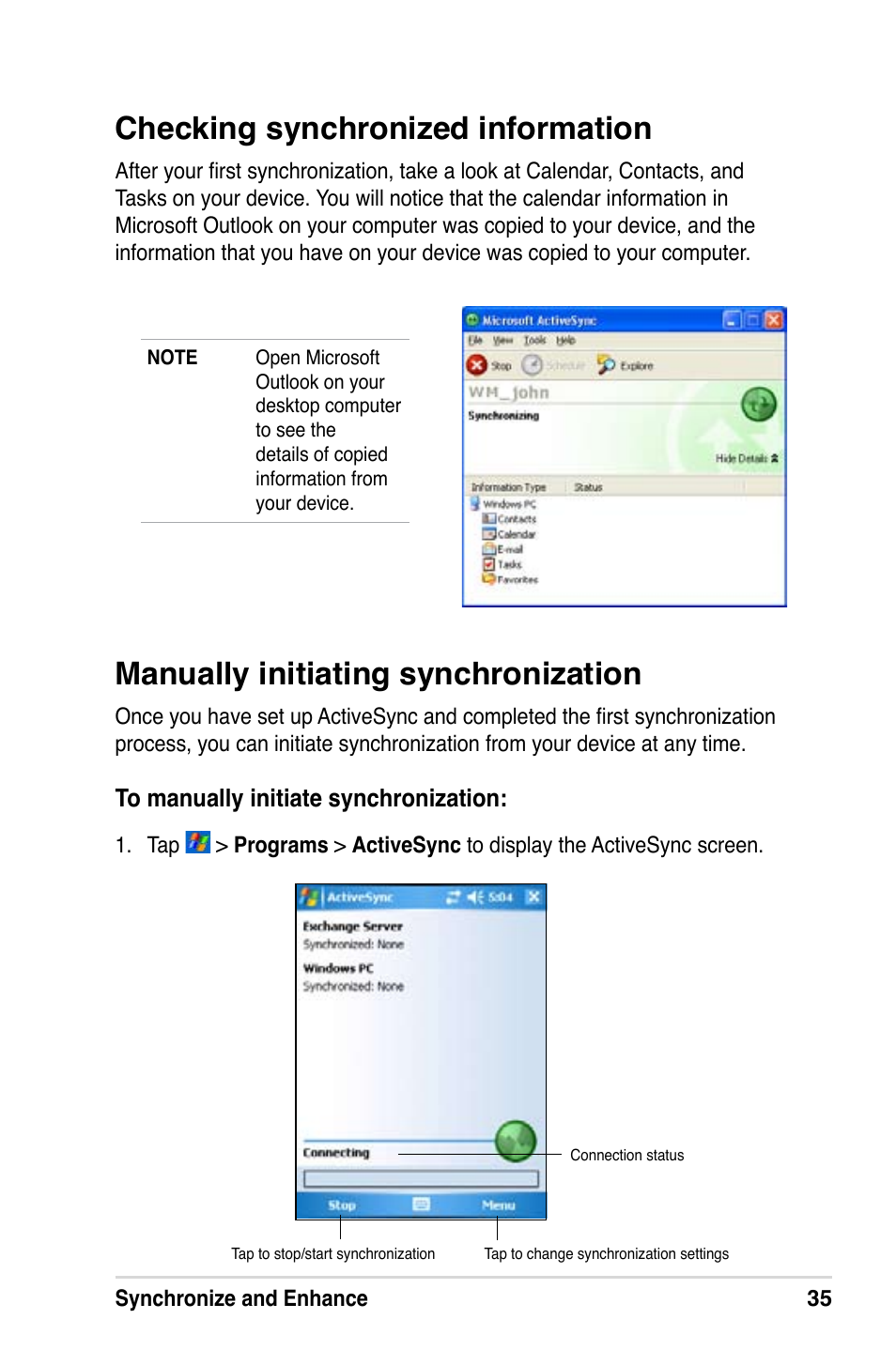 Checking synchronized information, Manually initiating synchronization | Asus A686 User Manual | Page 41 / 109