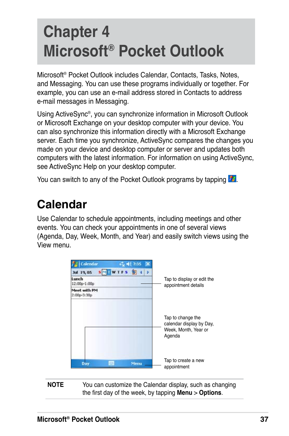 Chapter 4 microsoft, Pocket outlook, Calendar | Asus A686 User Manual | Page 43 / 109