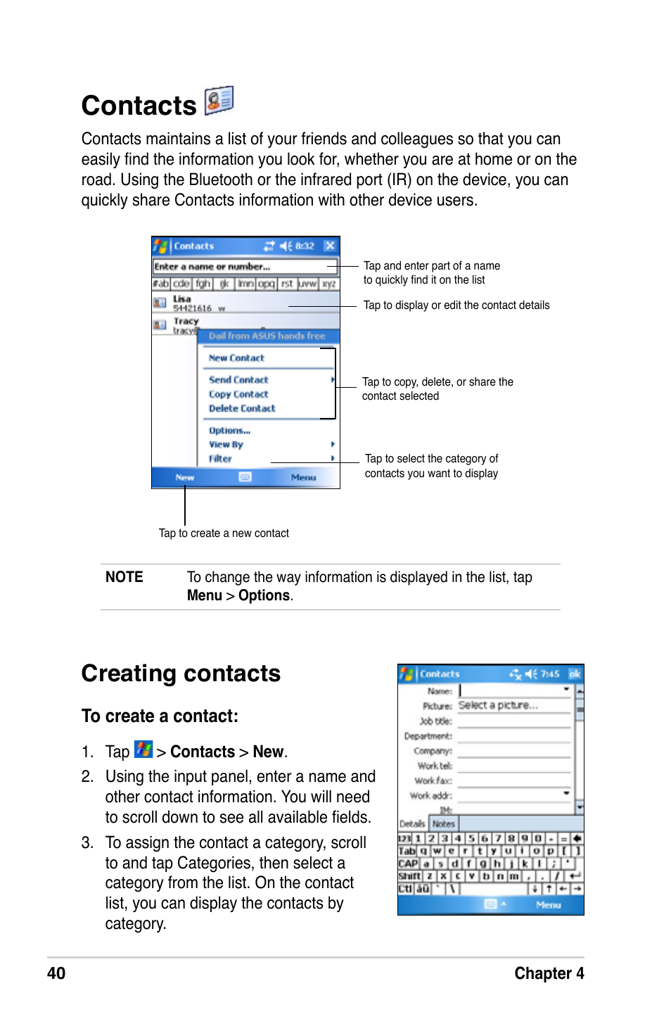 Contacts, Creating contacts | Asus A686 User Manual | Page 46 / 109