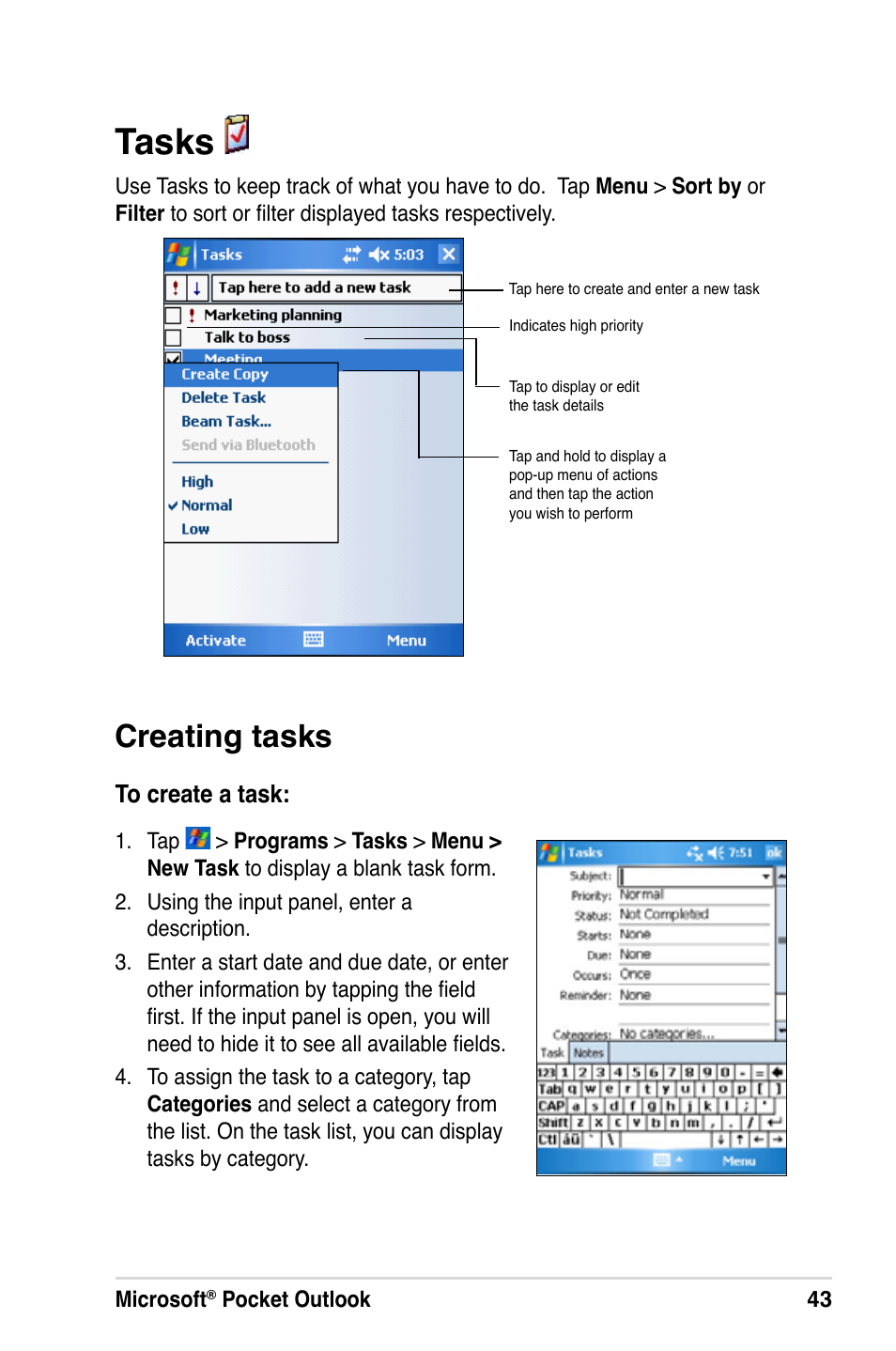 Tasks, Creating tasks | Asus A686 User Manual | Page 49 / 109