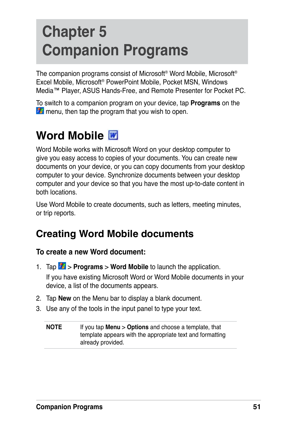 Chapter 5 companion programs, Word mobile, Creating word mobile documents | Asus A686 User Manual | Page 57 / 109