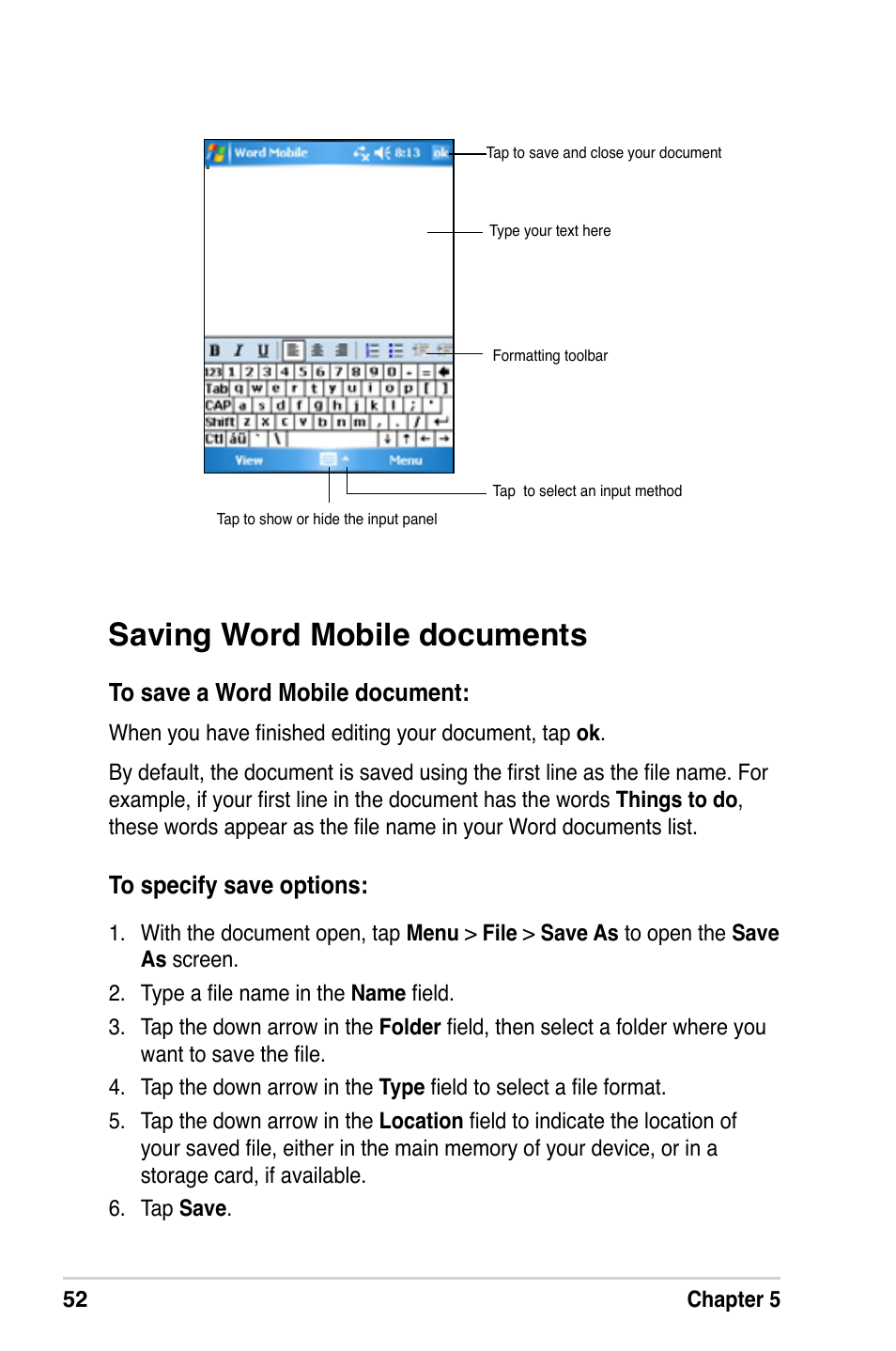 Saving word mobile documents | Asus A686 User Manual | Page 58 / 109