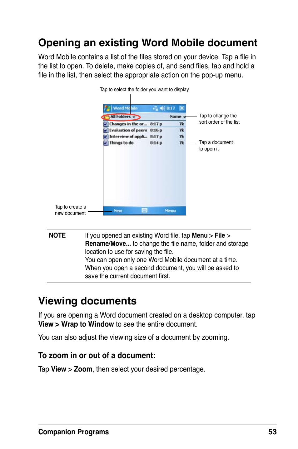 Opening an existing word mobile document, Viewing documents | Asus A686 User Manual | Page 59 / 109