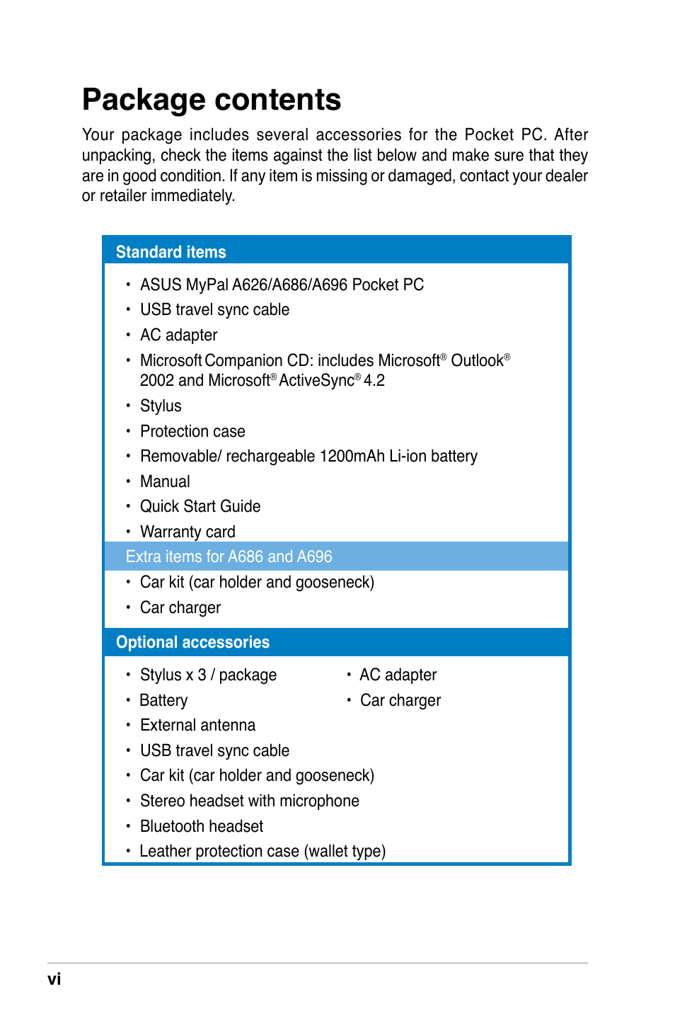 Package contents | Asus A686 User Manual | Page 6 / 109