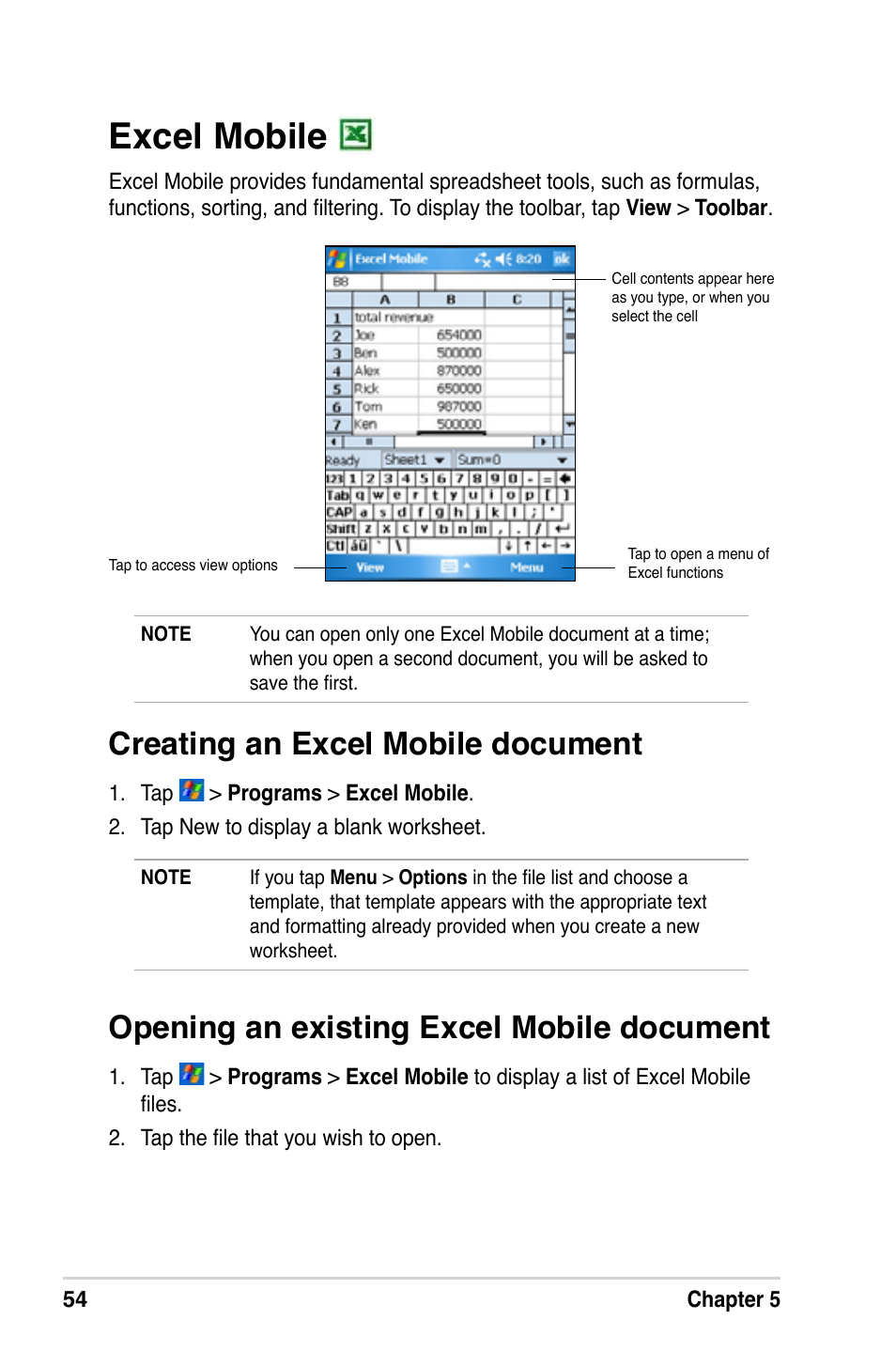 Excel mobile, Creating an excel mobile document, Opening an existing excel mobile document | Asus A686 User Manual | Page 60 / 109