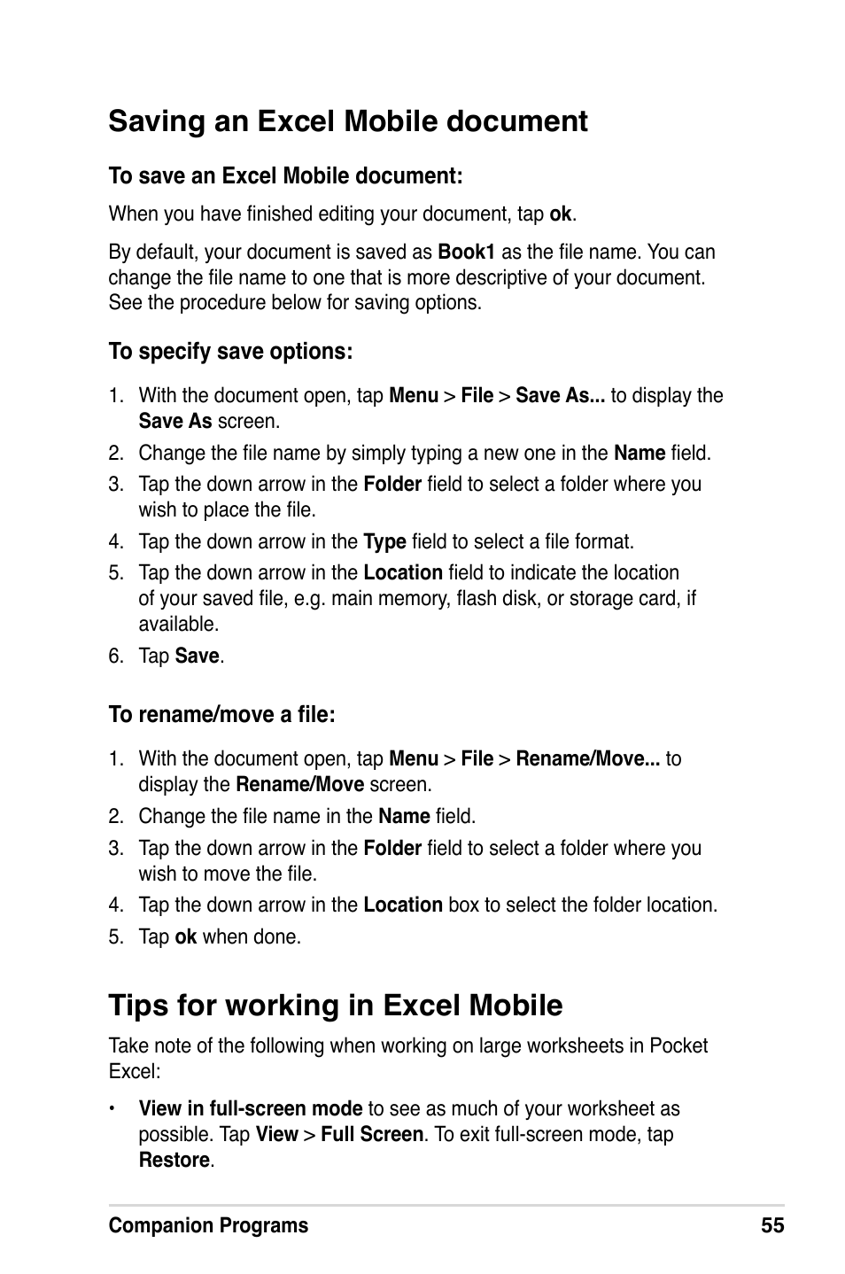 Saving an excel mobile document, Tips for working in excel mobile | Asus A686 User Manual | Page 61 / 109