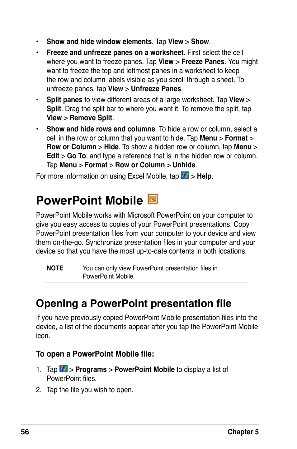 Powerpoint mobile, Opening a powerpoint presentation file | Asus A686 User Manual | Page 62 / 109