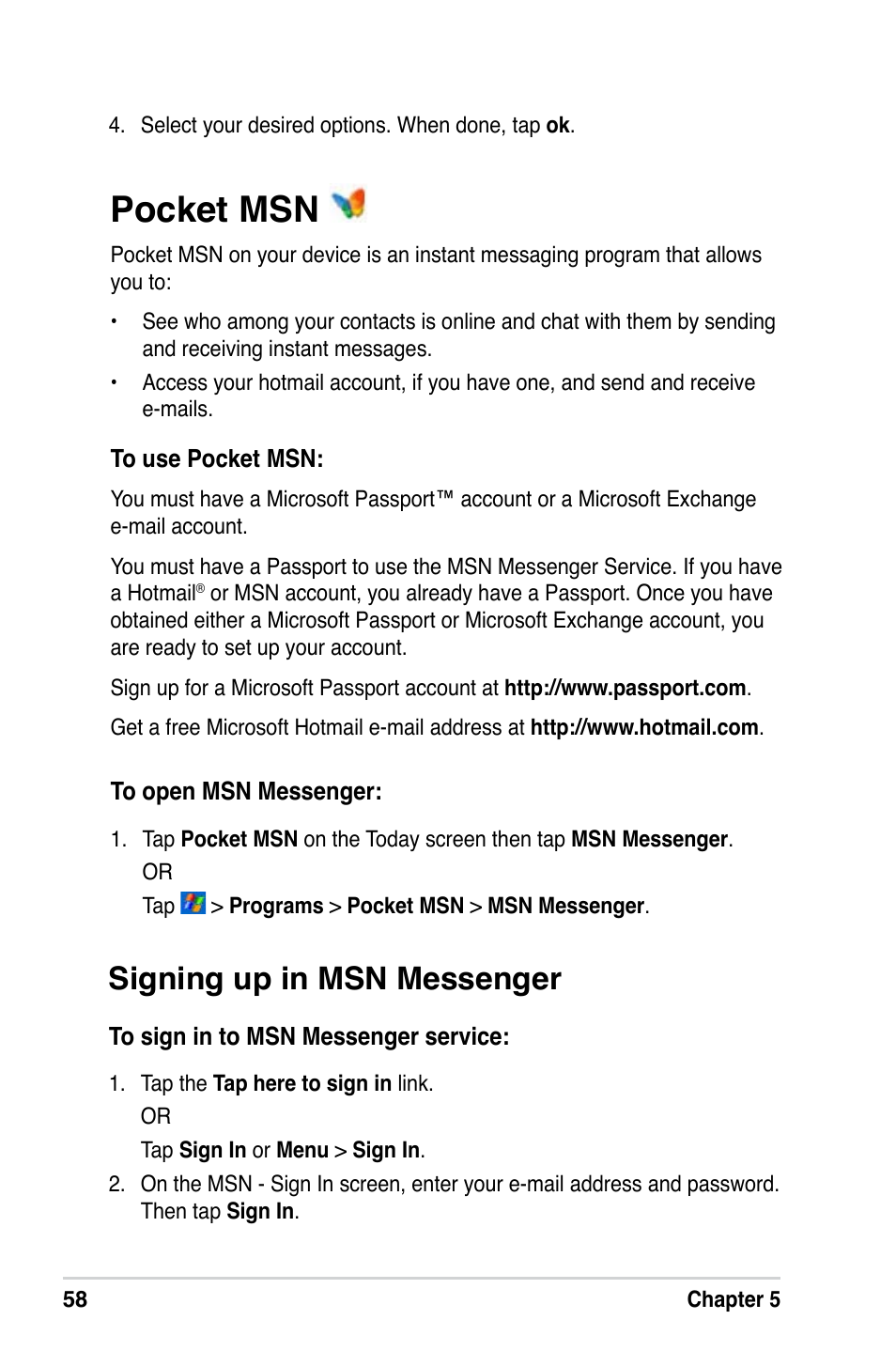 Pocket msn, Signing up in msn messenger | Asus A686 User Manual | Page 64 / 109