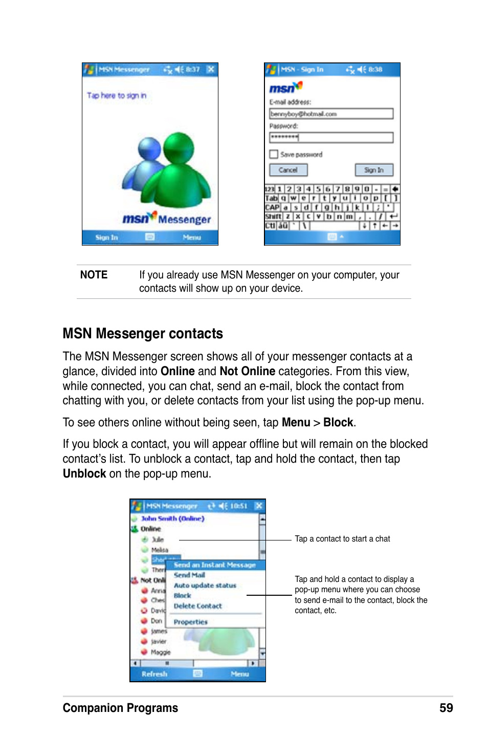 Msn messenger contacts | Asus A686 User Manual | Page 65 / 109