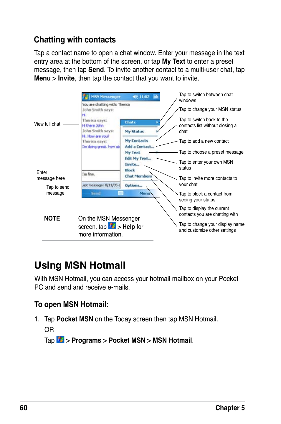 Using msn hotmail, Chatting with contacts, 60 chapter 5 | Asus A686 User Manual | Page 66 / 109