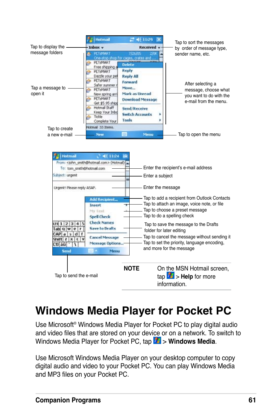 Windows media player for pocket pc, Companion programs 61, Use microsoft | Asus A686 User Manual | Page 67 / 109