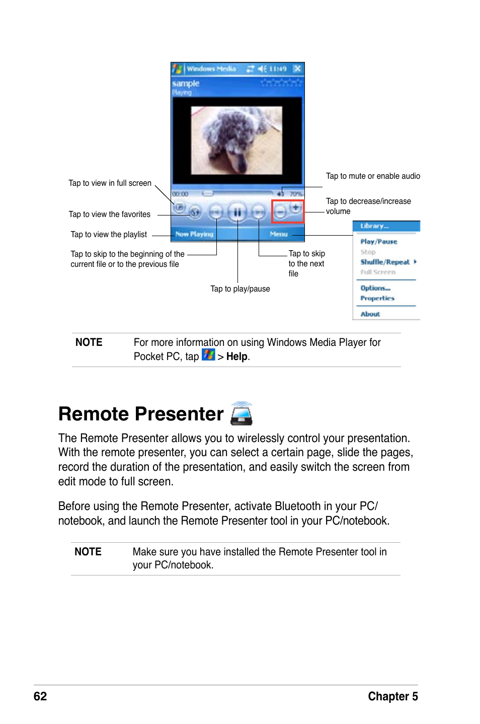 Remote presenter, 62 chapter 5 | Asus A686 User Manual | Page 68 / 109
