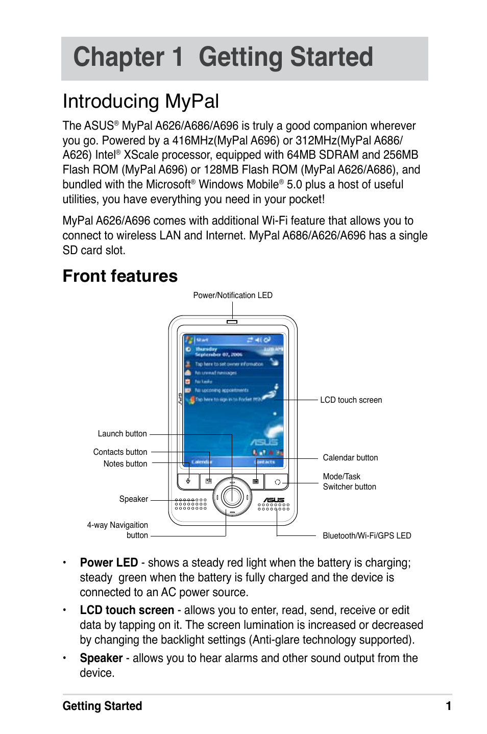 Chapter 1 getting started, Introducing mypal, Front features | Asus A686 User Manual | Page 7 / 109