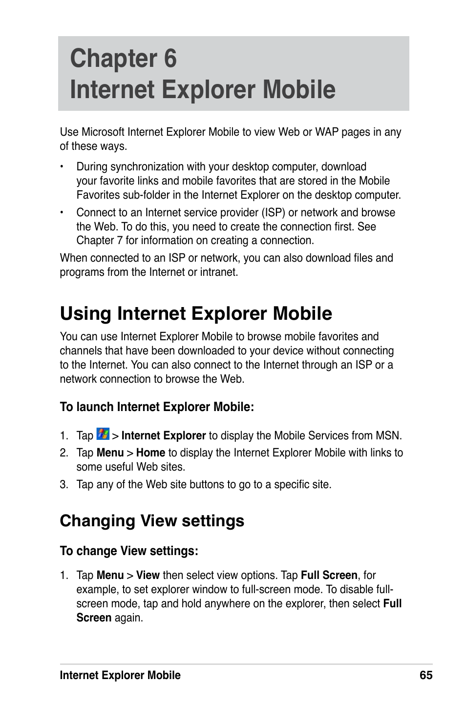 Chapter 6 internet explorer mobile, Using internet explorer mobile, Changing view settings | Asus A686 User Manual | Page 71 / 109
