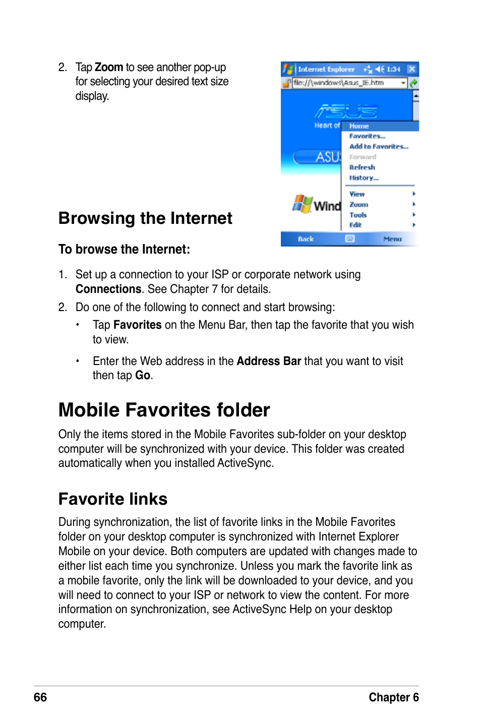 Mobile favorites folder, Favorite links, Browsing the internet | Asus A686 User Manual | Page 72 / 109
