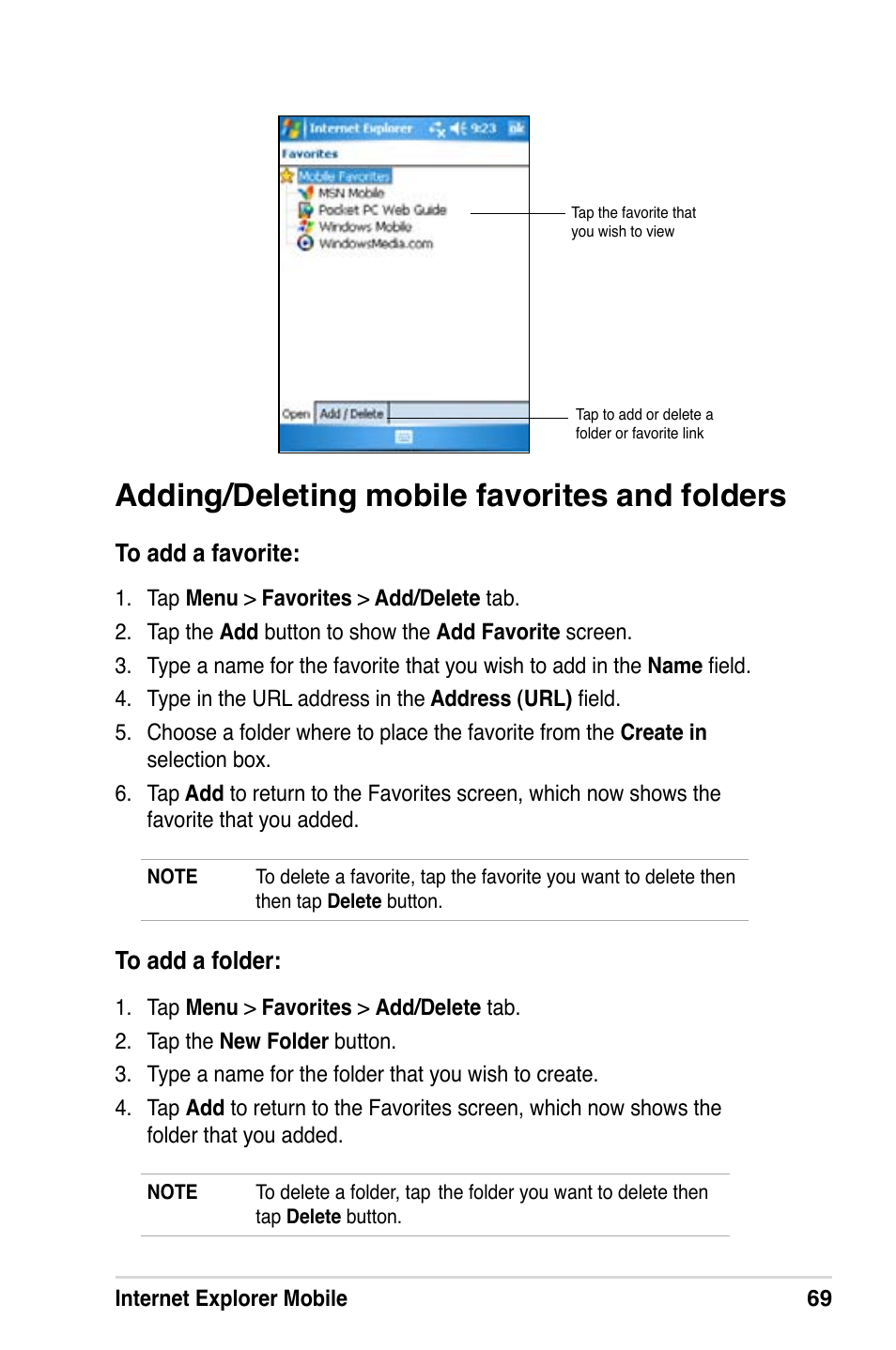 Adding/deleting mobile favorites and folders | Asus A686 User Manual | Page 75 / 109