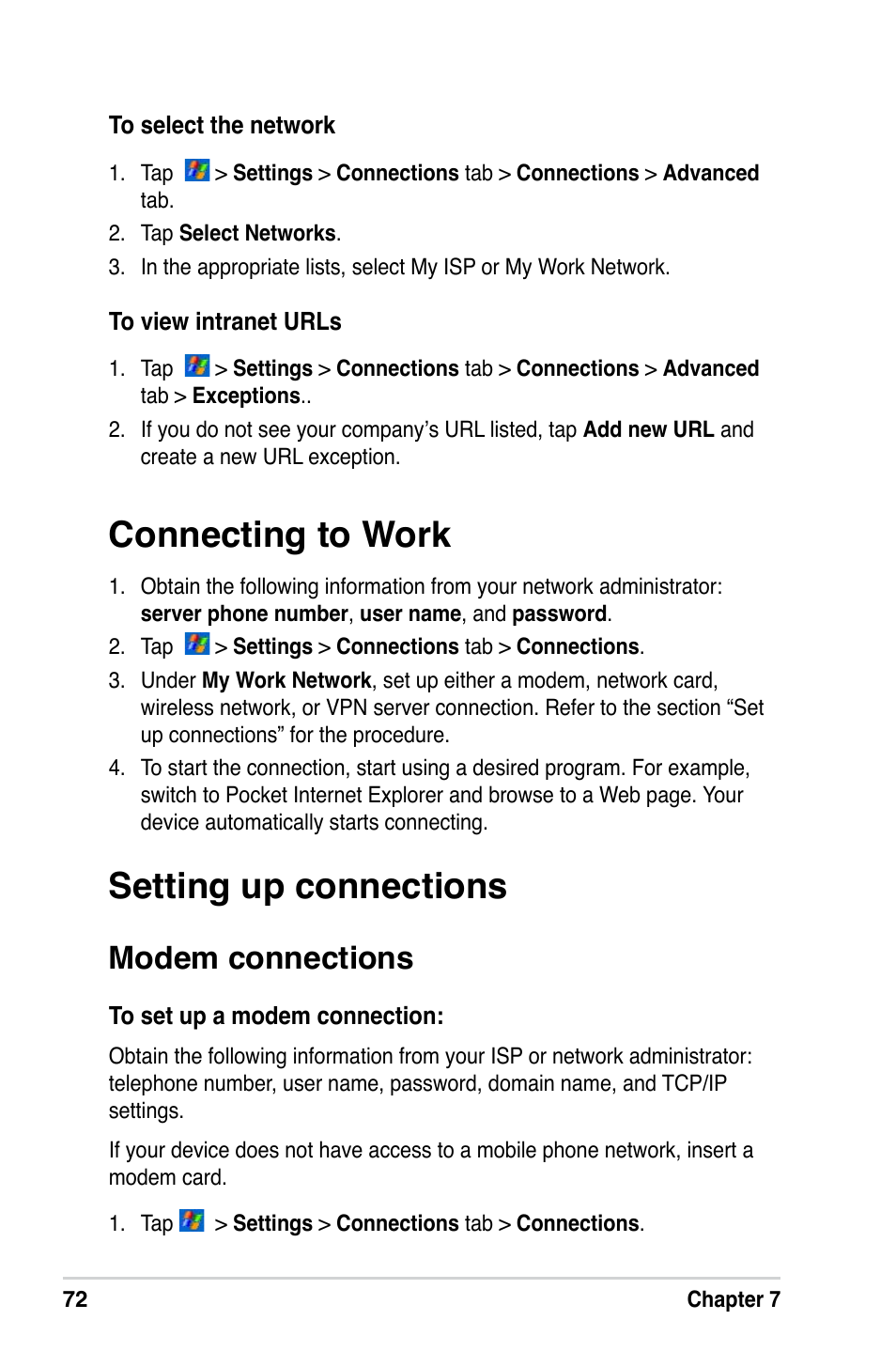 Connecting to work, Setting up connections, Modem connections | Asus A686 User Manual | Page 78 / 109