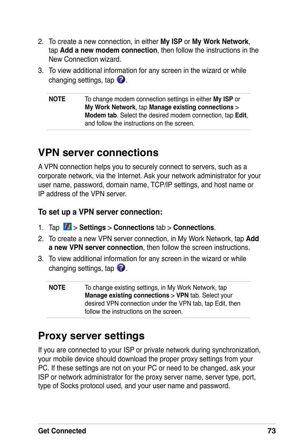 Vpn server connections, Proxy server settings | Asus A686 User Manual | Page 79 / 109