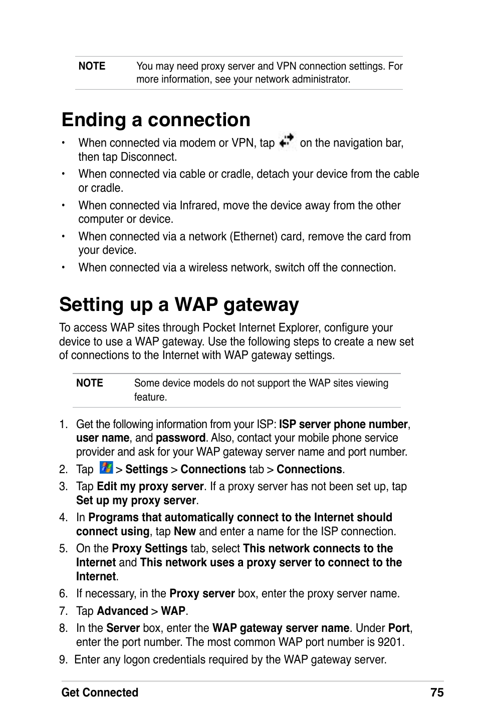 Ending a connection, Setting up a wap gateway | Asus A686 User Manual | Page 81 / 109