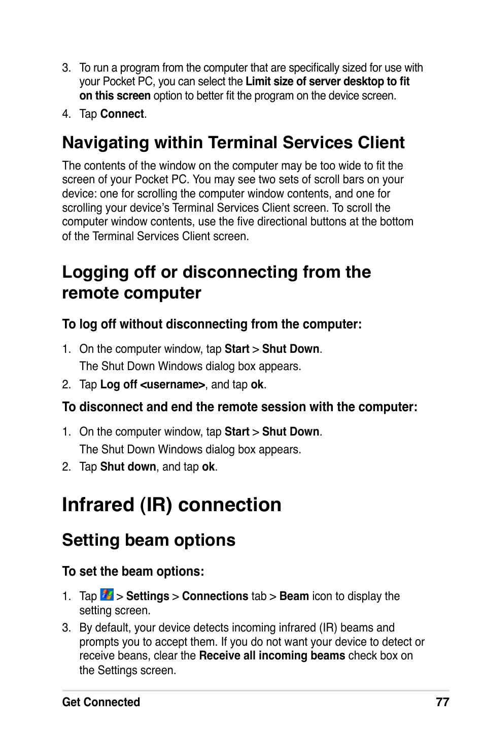 Infrared (ir) connection, Navigating within terminal services client, Setting beam options | Asus A686 User Manual | Page 83 / 109