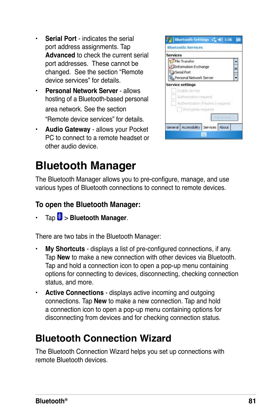 Bluetooth manager, Bluetooth connection wizard | Asus A686 User Manual | Page 87 / 109