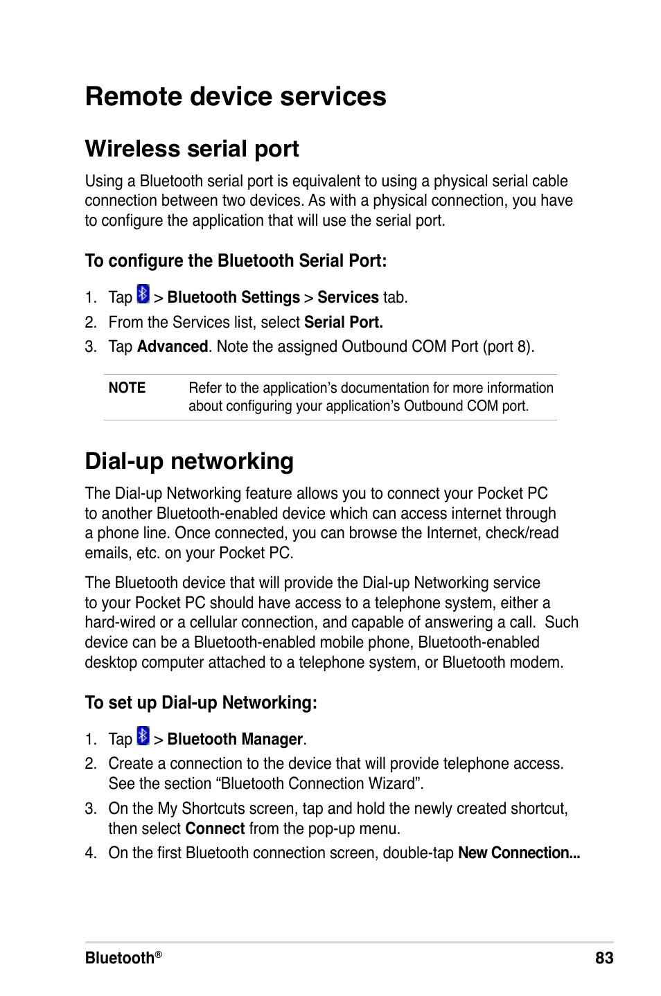 Remote device services, Dial-up networking, Wireless serial port | Asus A686 User Manual | Page 89 / 109