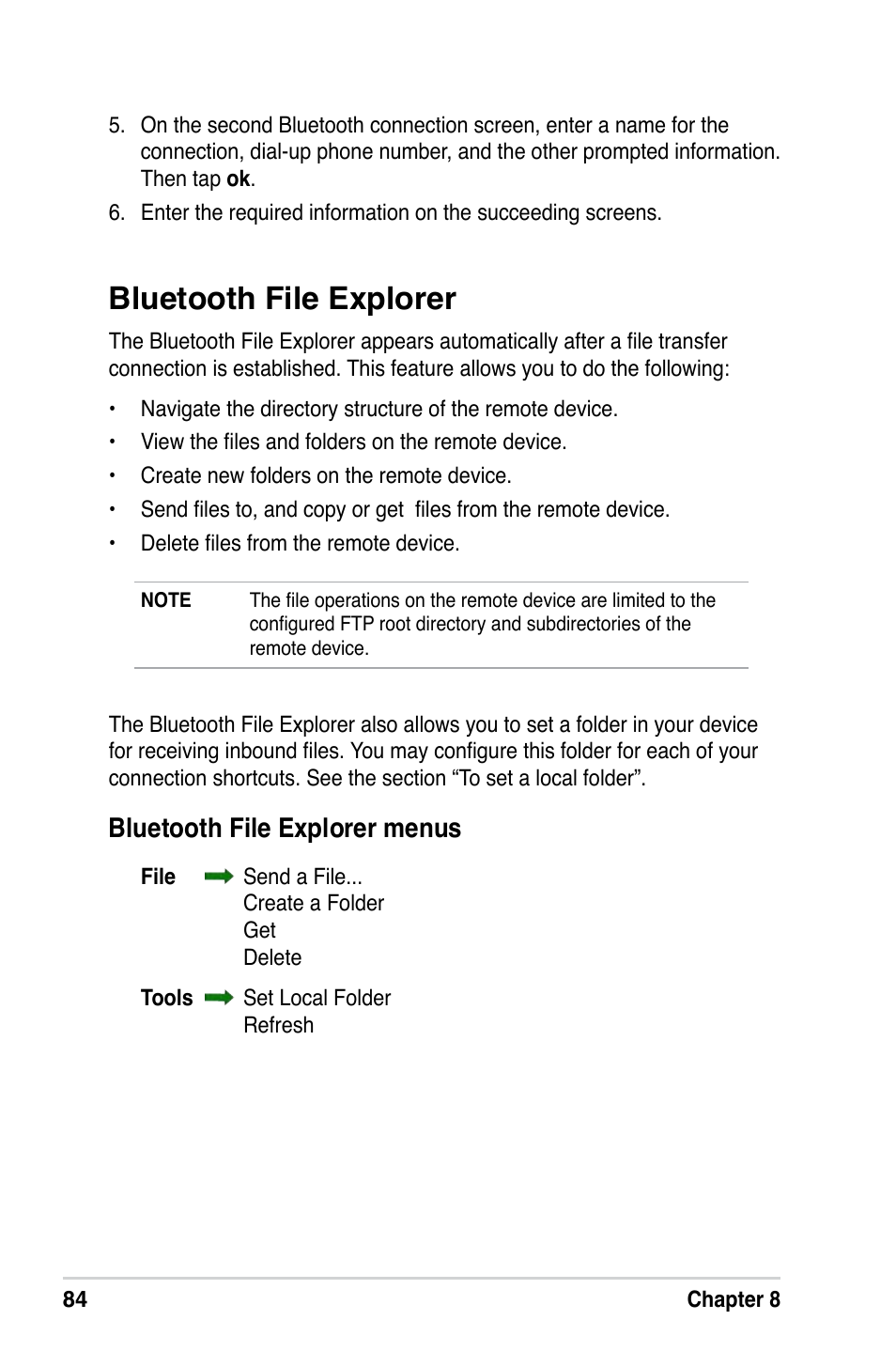 Bluetooth file explorer, Bluetooth file explorer menus | Asus A686 User Manual | Page 90 / 109