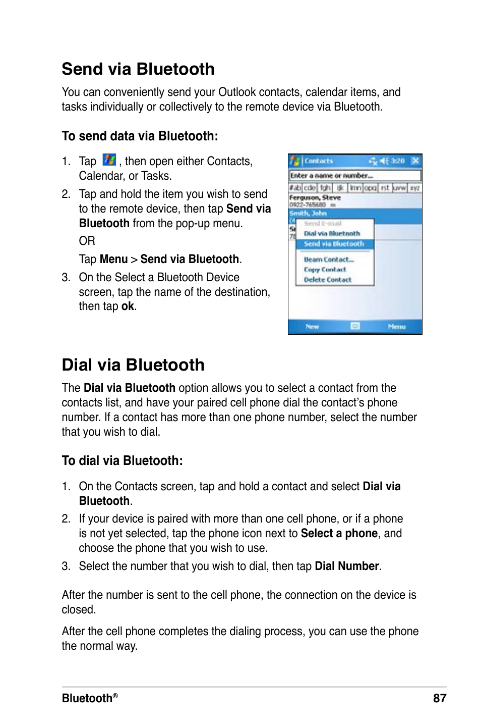 Dial via bluetooth, Send via bluetooth | Asus A686 User Manual | Page 93 / 109