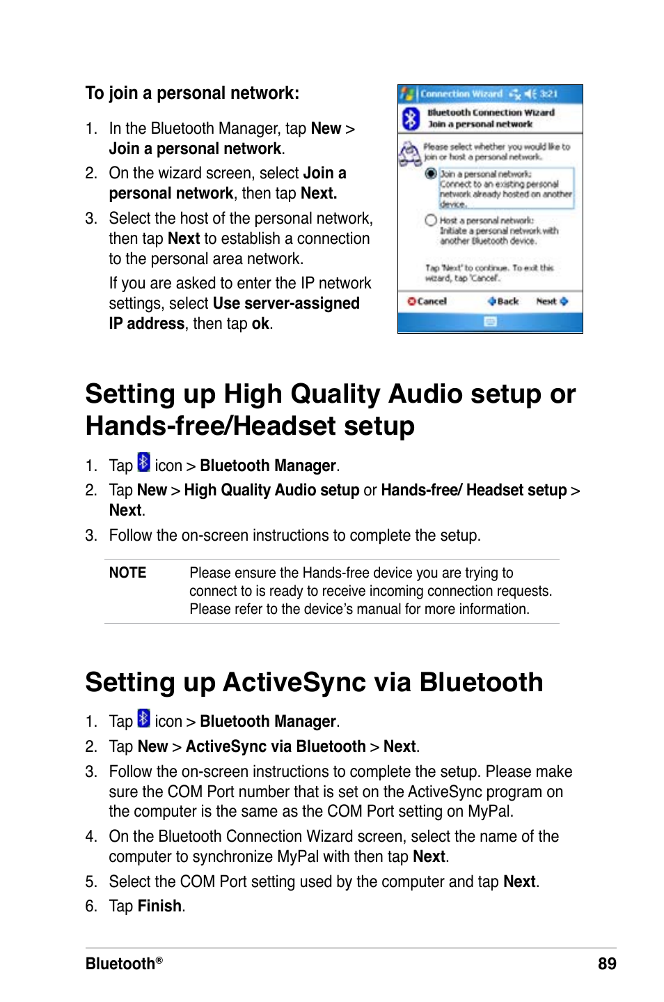 Setting up activesync via bluetooth | Asus A686 User Manual | Page 95 / 109