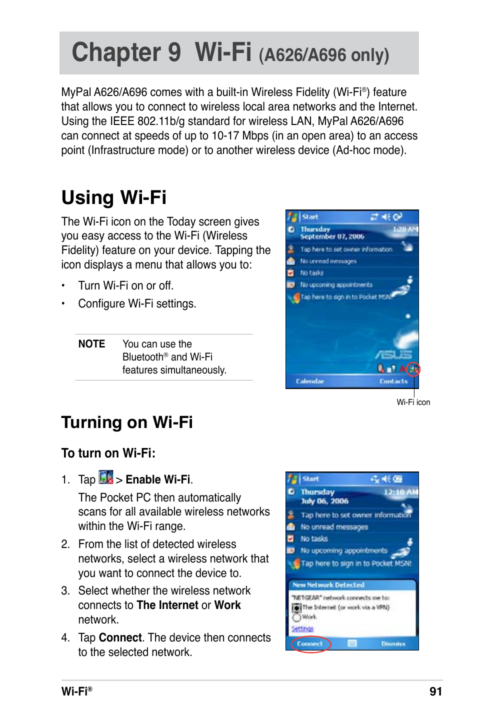 Chapter 9 wi-fi, Using wi-fi, Turning on wi-fi | Asus A686 User Manual | Page 97 / 109