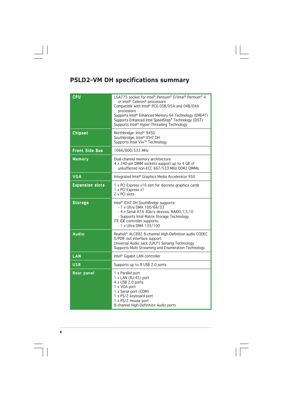 P5ld2-vm dh specifications summary | Asus Motherboard P5LD2-VM DH User Manual | Page 10 / 98