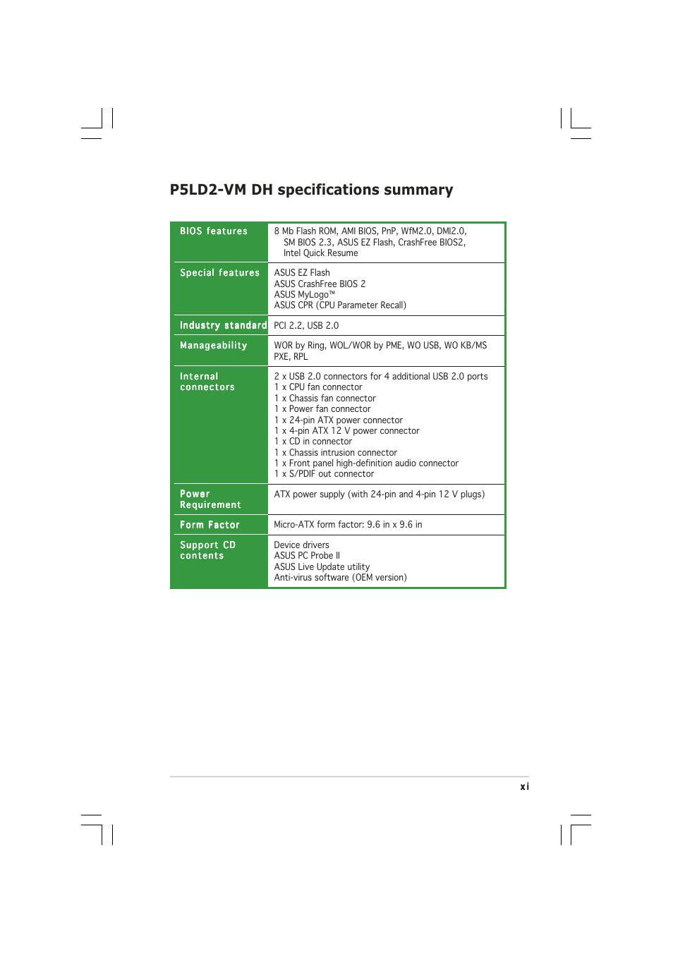 P5ld2-vm dh specifications summary | Asus Motherboard P5LD2-VM DH User Manual | Page 11 / 98