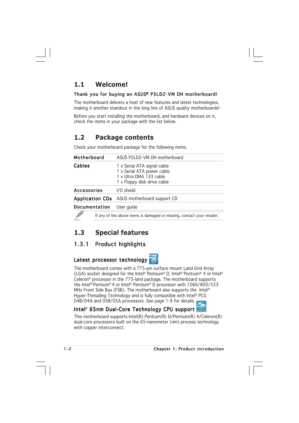 1 welcome, 2 package contents, 3 special features | Asus Motherboard P5LD2-VM DH User Manual | Page 14 / 98