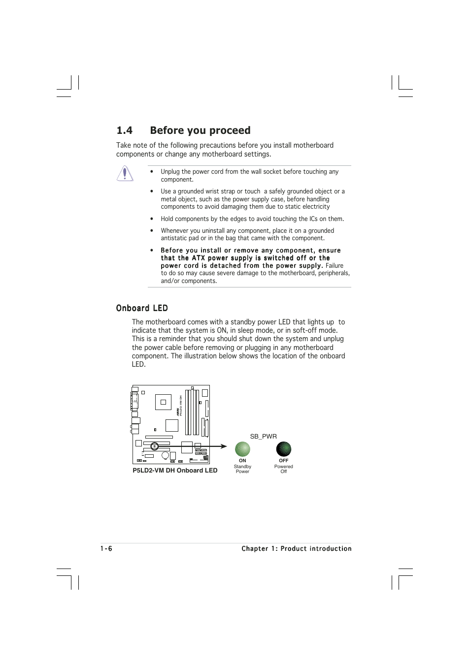 4 before you proceed, Onboard led | Asus Motherboard P5LD2-VM DH User Manual | Page 18 / 98