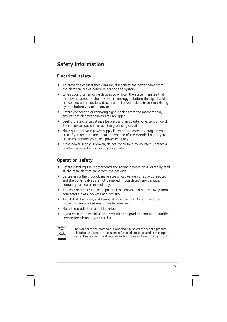 Safety information | Asus Motherboard P5LD2-VM DH User Manual | Page 7 / 98